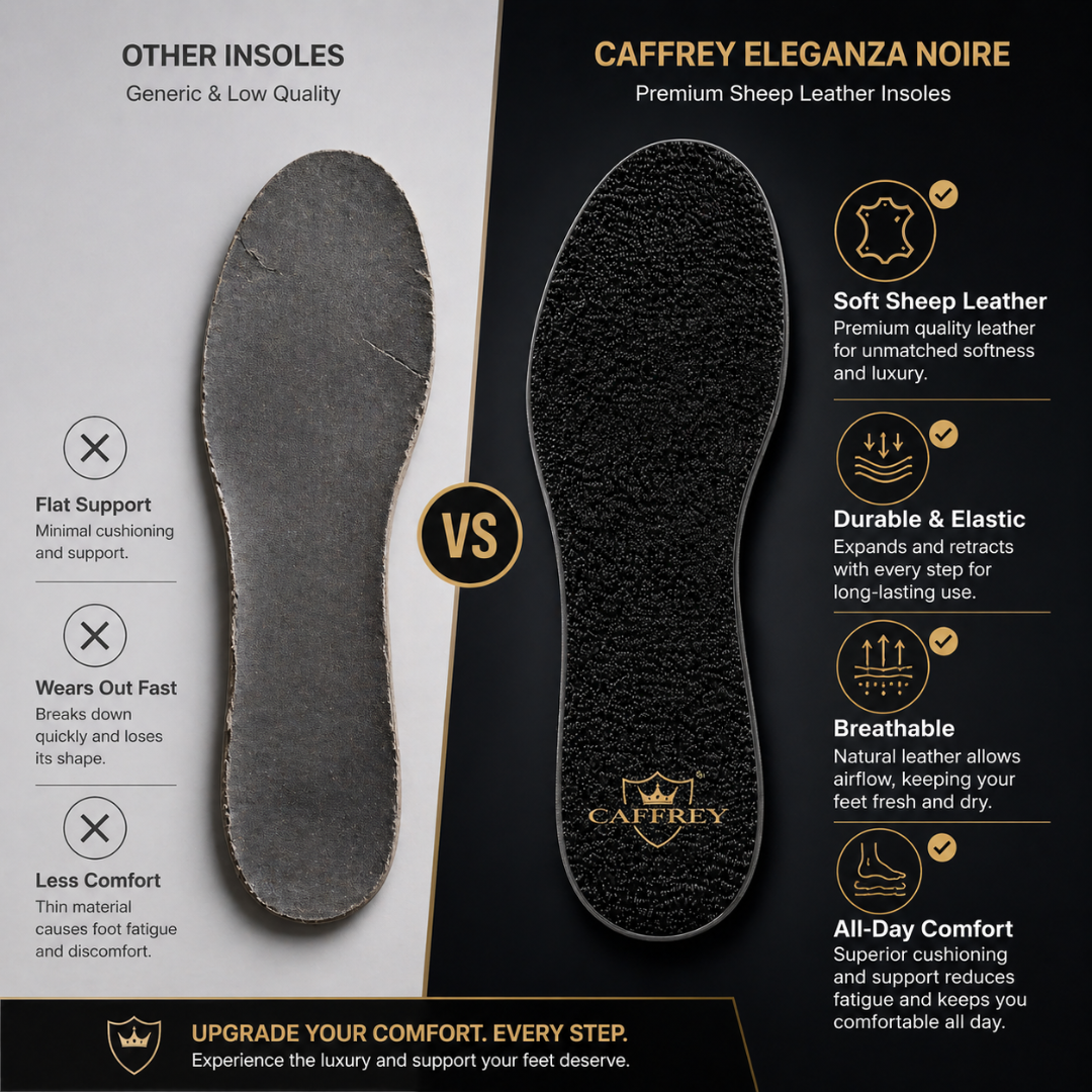 Caffrey Eleganza Noire Premium Sheep Leather Insole – Durable & Elastic, Processed for Softness & Comfort, Expands & Retracts While Walking, High-Grade Leather for Ultimate Foot Support