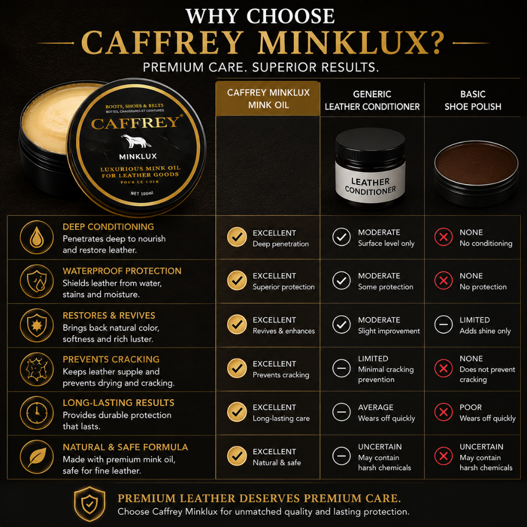 Caffrey Minklux Oil – Pure Mink Oil Leather Conditioner for Softening, Restoring & Preventing Cracks, Non-Discoloring Formula for Shoes, Bags & Leather Goods