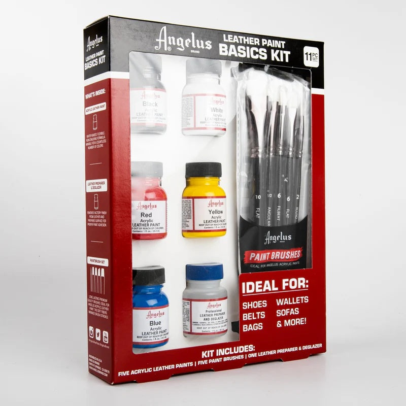 Angelus Leather Paint Basic Kit – 5 Color Acrylic Set with Deglazer & Brushes (1 oz Bottles)