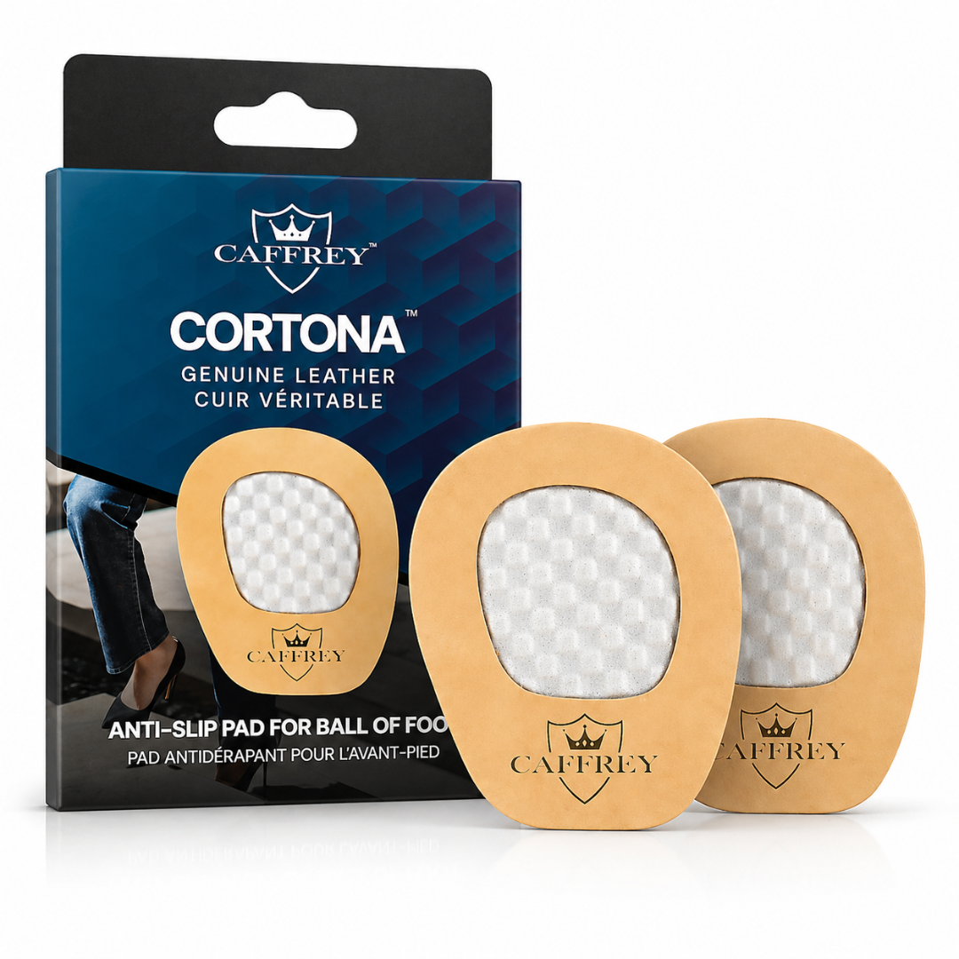CAFFREY Cortona Crema genuine-leather ball-of-foot pads, one pair beside the original package