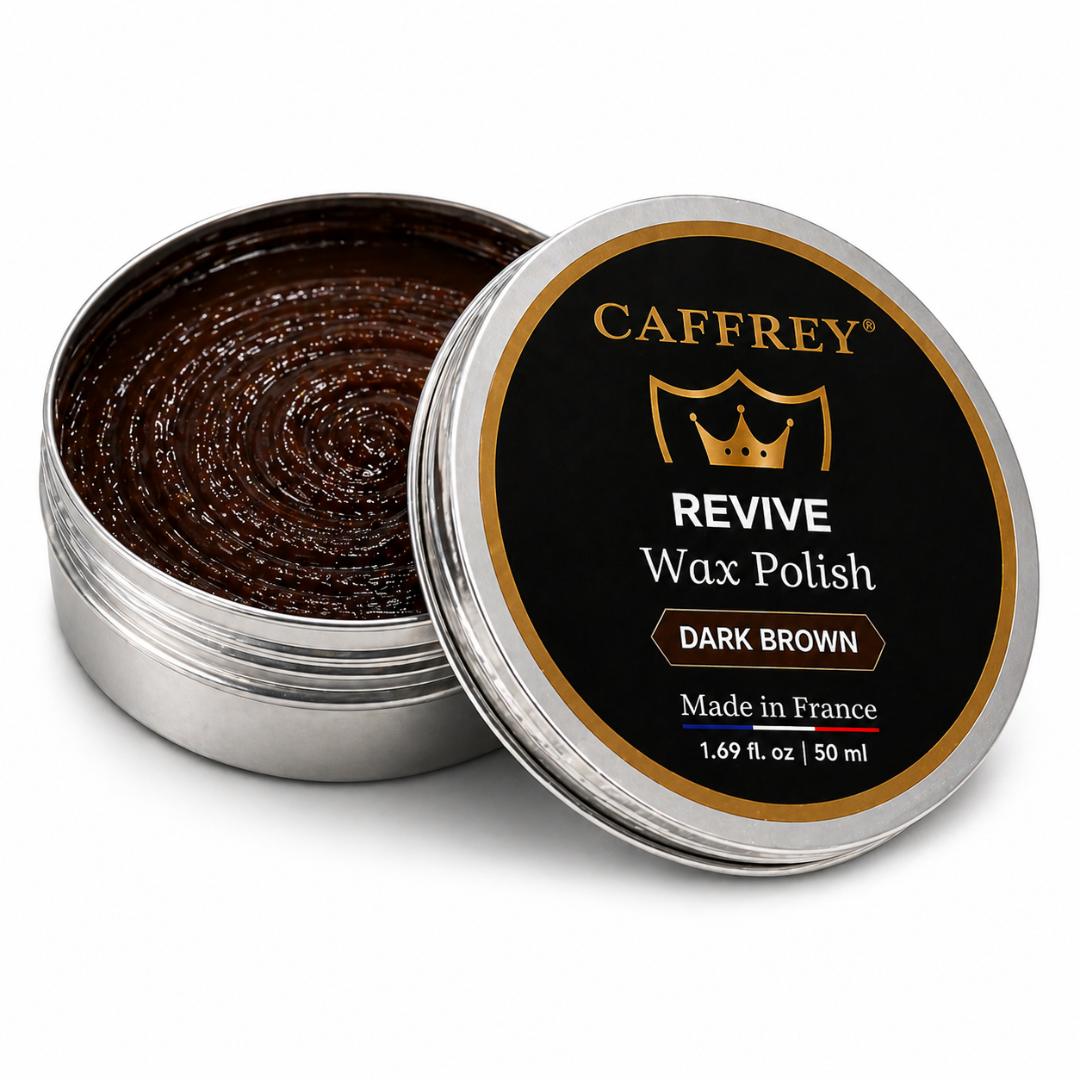CAFFREY Revive Wax Polish Dark Brown, open 50 ml silver tin and labelled lid, made in France
