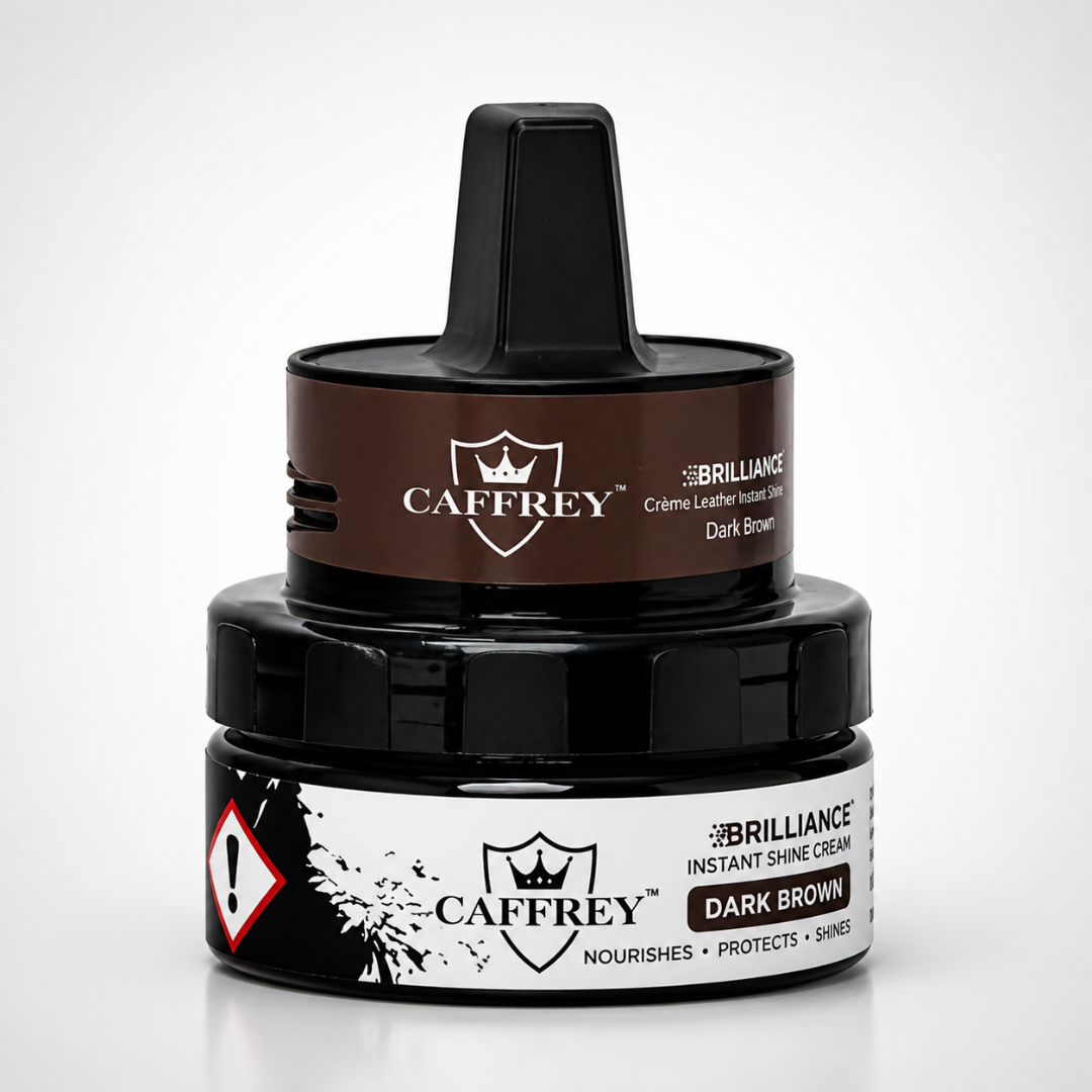 CAFFREY Brilliance Instant Shine Cream, Dark Brown, in its closed jar with raised applicator handle.