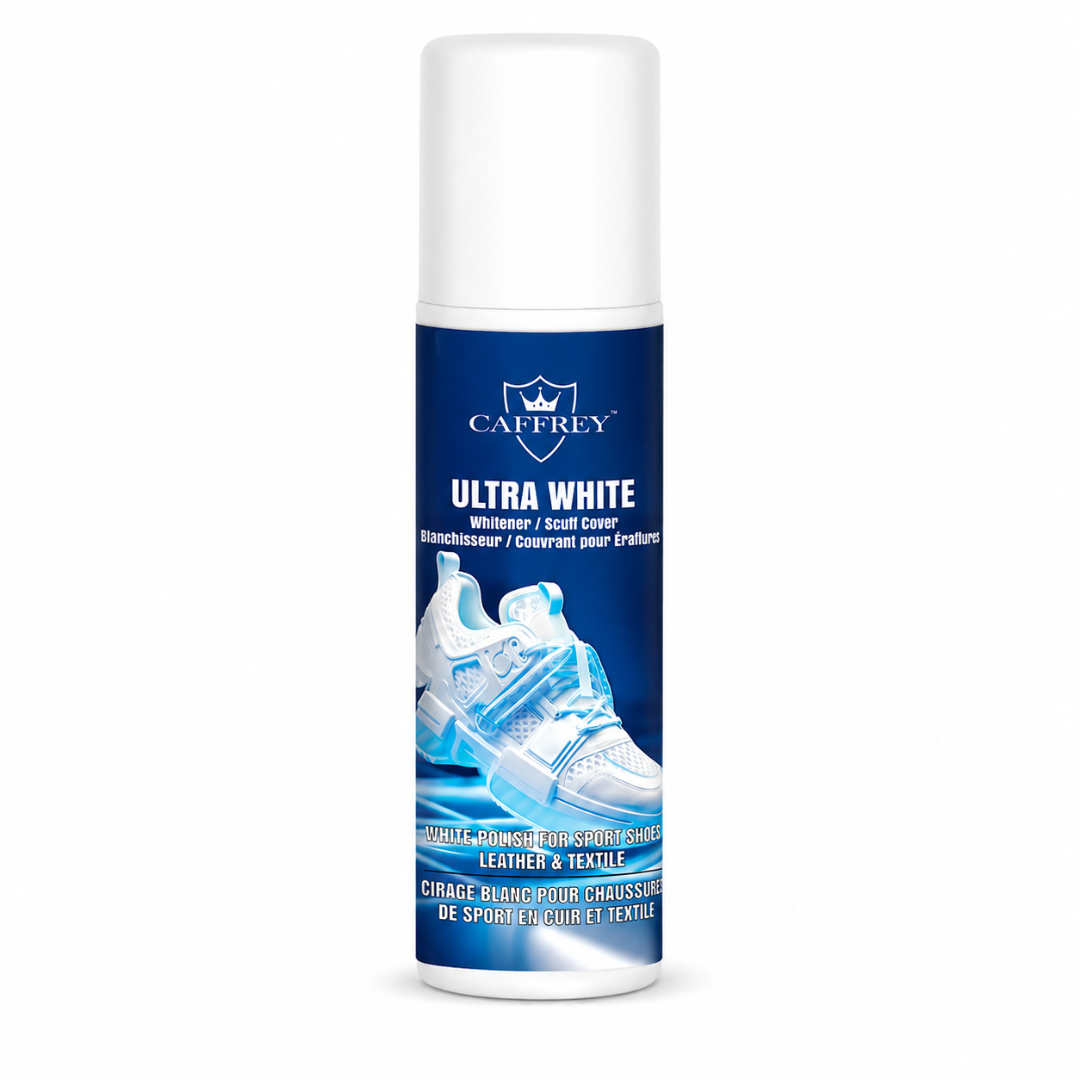 CAFFREY Ultra White shoe polish and scuff cover in its blue-labelled bottle with white cap.