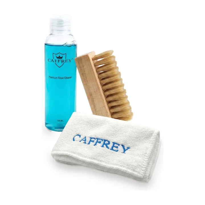 CAFFREY Premium Shoe Cleaner 120 ml, wooden brush with tan bristles and white cloth with blue CAFFREY embroidery