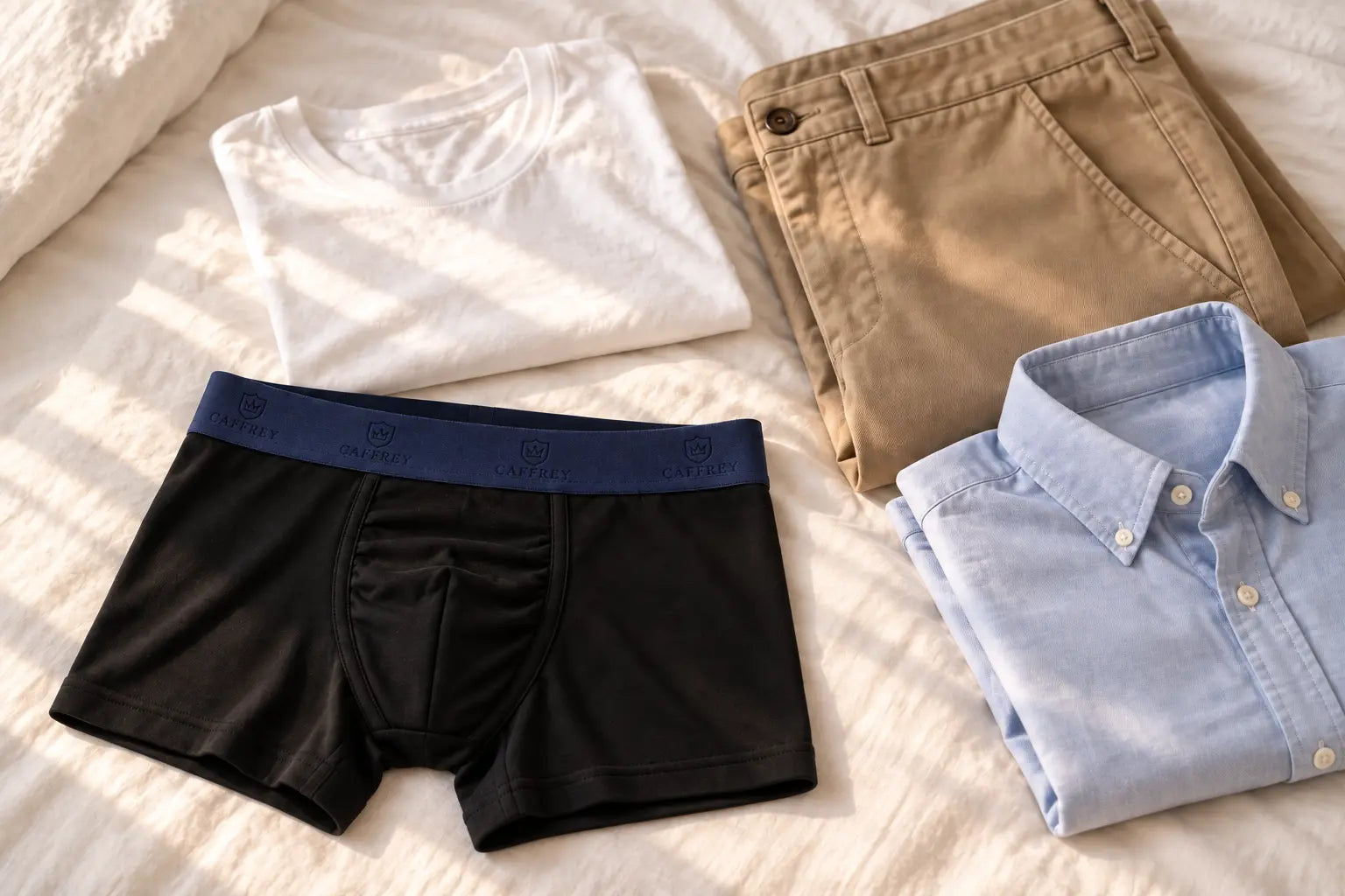 Black Ballroom boxer briefs laid out with a T-shirt, chinos and Oxford shirt