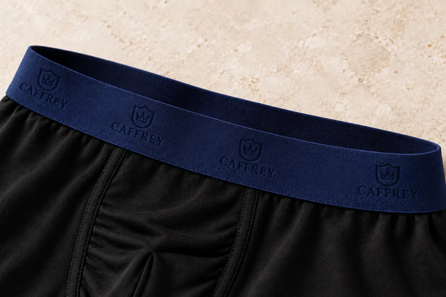 Close-up of the navy CAFFREY Ballroom waistband and black fabric