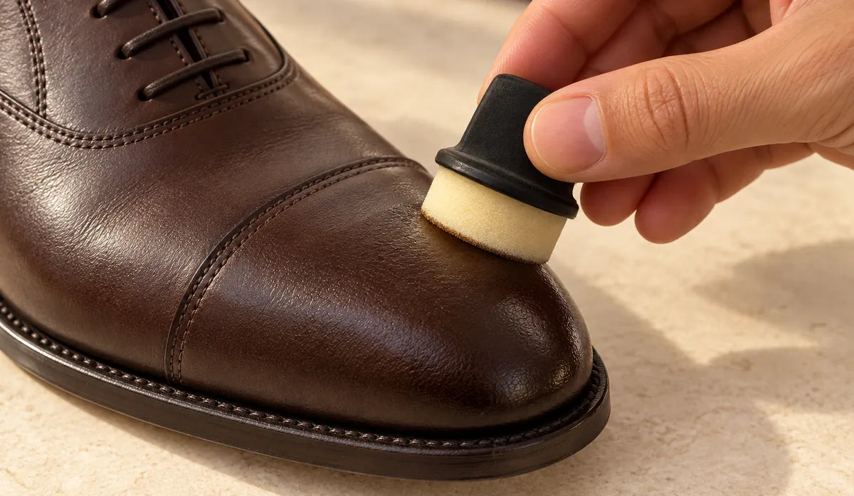 Illustration: a hand holds the small applicator by its black grip against the toe of a brown leather cap-toe shoe