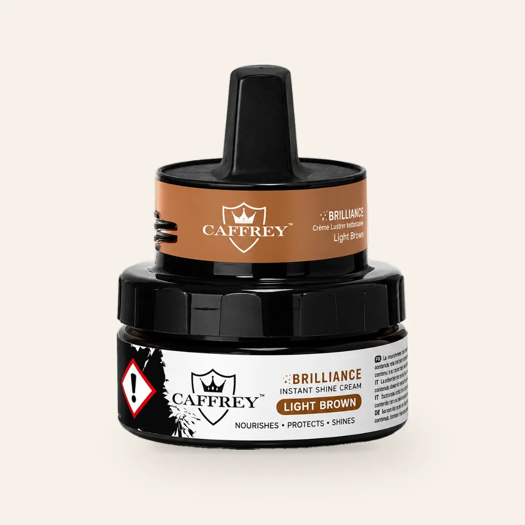 CAFFREY Brilliance Instant Shine Cream, Brown variant with Light Brown printed on the jar.