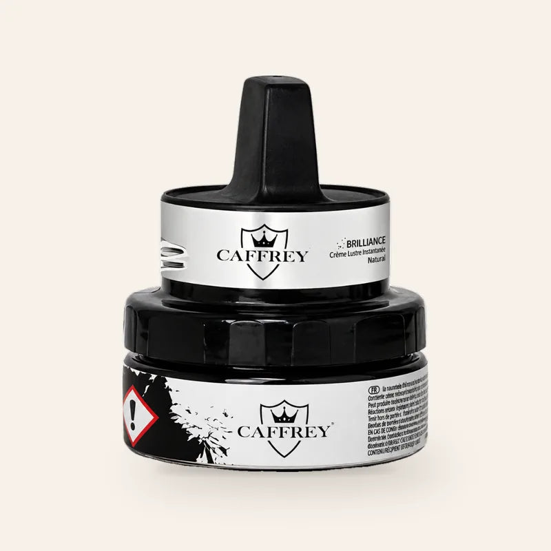 CAFFREY Brilliance Instant Shine Cream, Natural, in its closed jar with raised applicator handle.