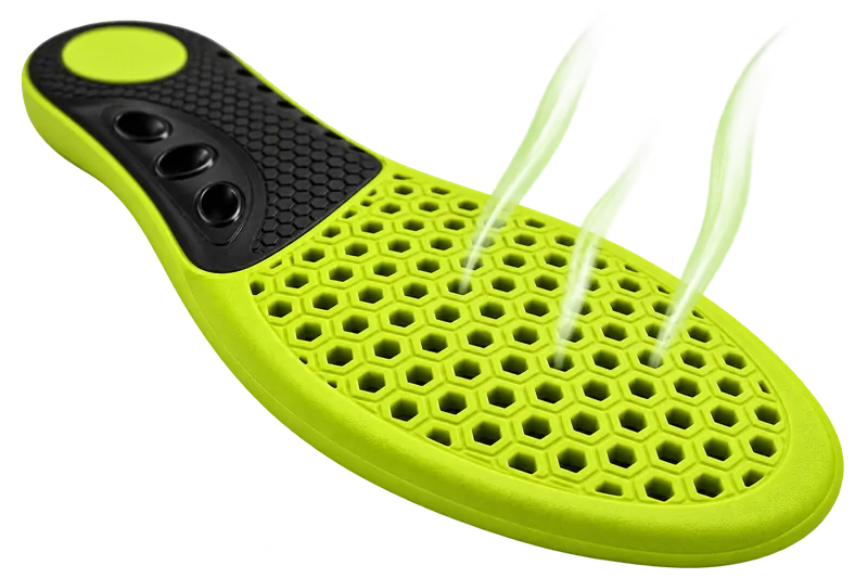 Breathable Comfort Max insole: the lime base with rows of open hexagons, with airflow drawn rising through them