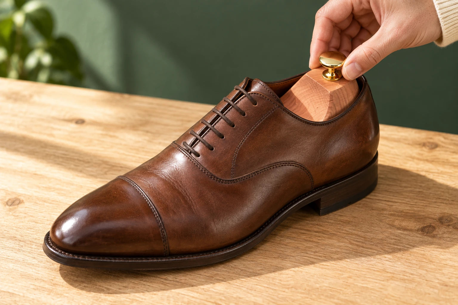 A hand uses the round heel knob to seat a cedar shoe tree inside a brown leather shoe.