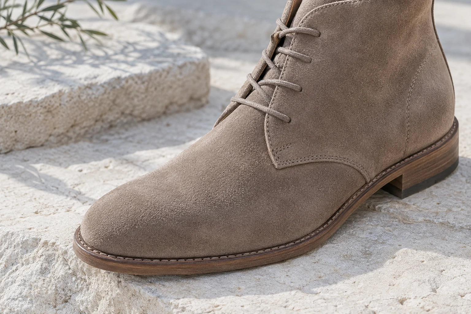 Editorial close-up of the soft textured nap on a taupe suede boot.