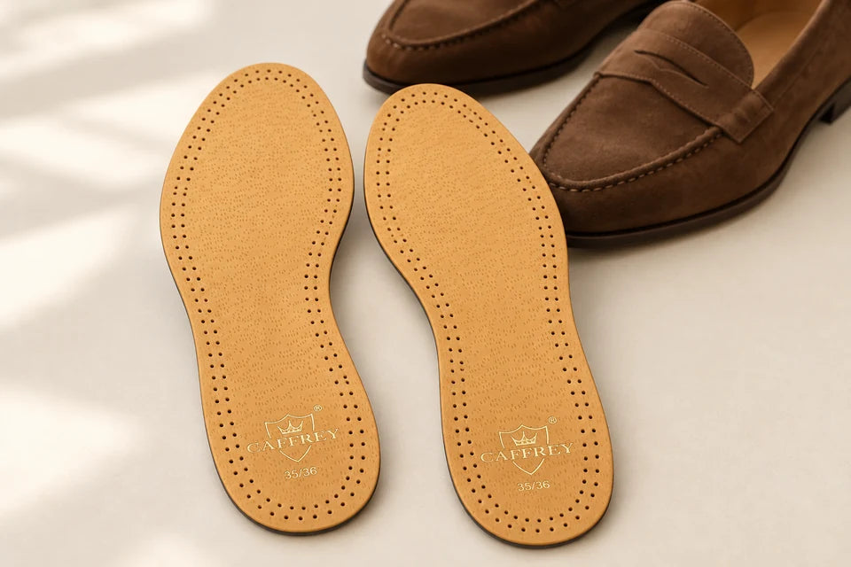 A pair of tan Eleganza insoles removed from brown loafers to air between wears