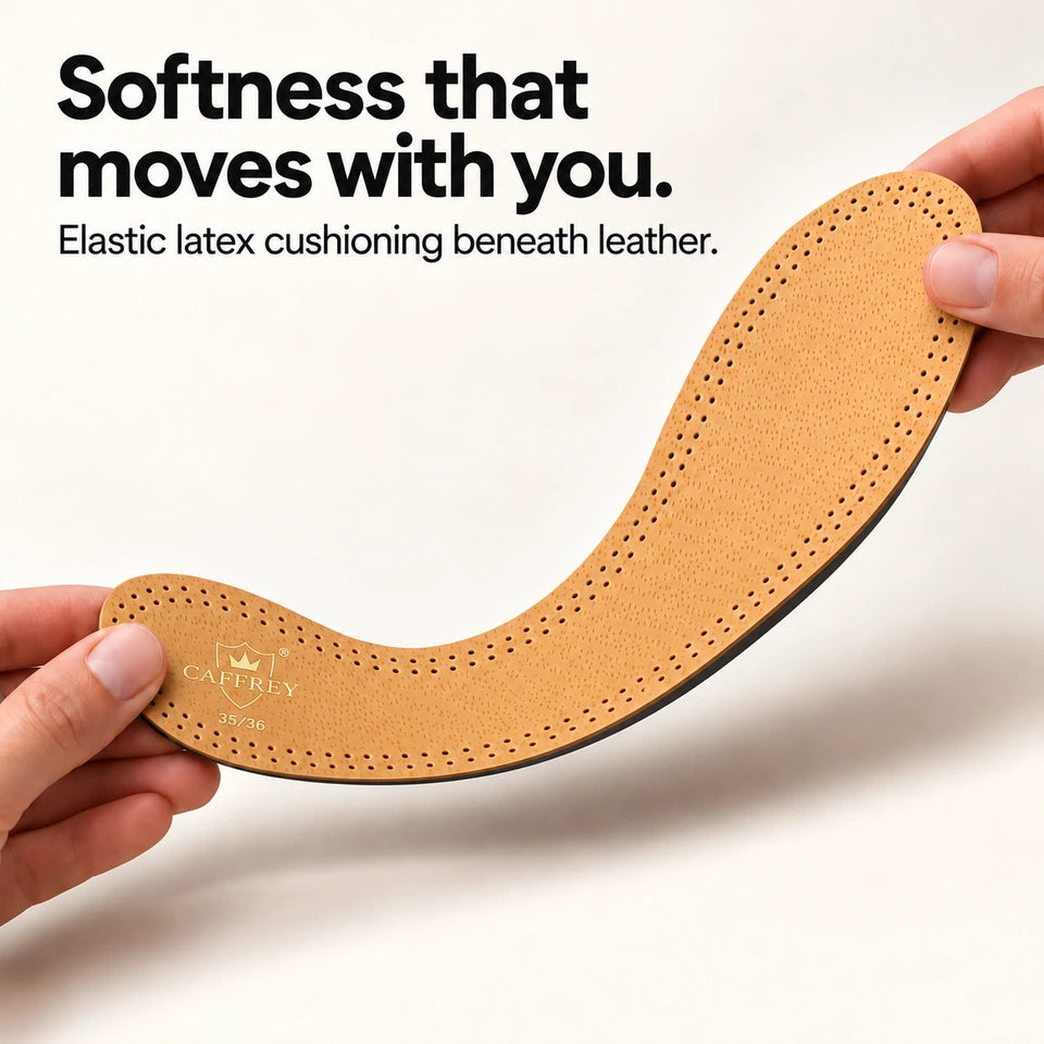 Softness that moves with you. Elastic latex cushioning beneath leather.