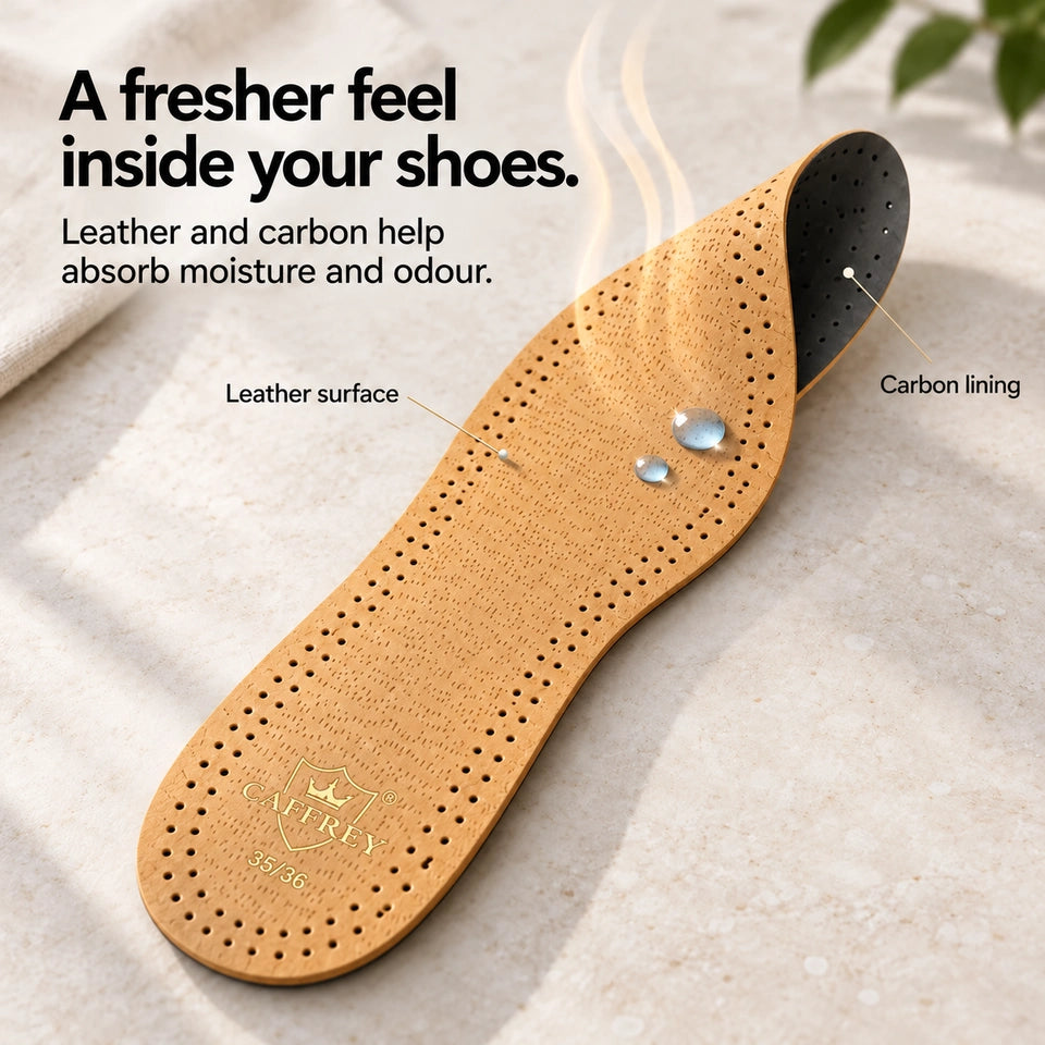 A fresher feel inside your shoes. Leather and carbon help absorb moisture and odour.