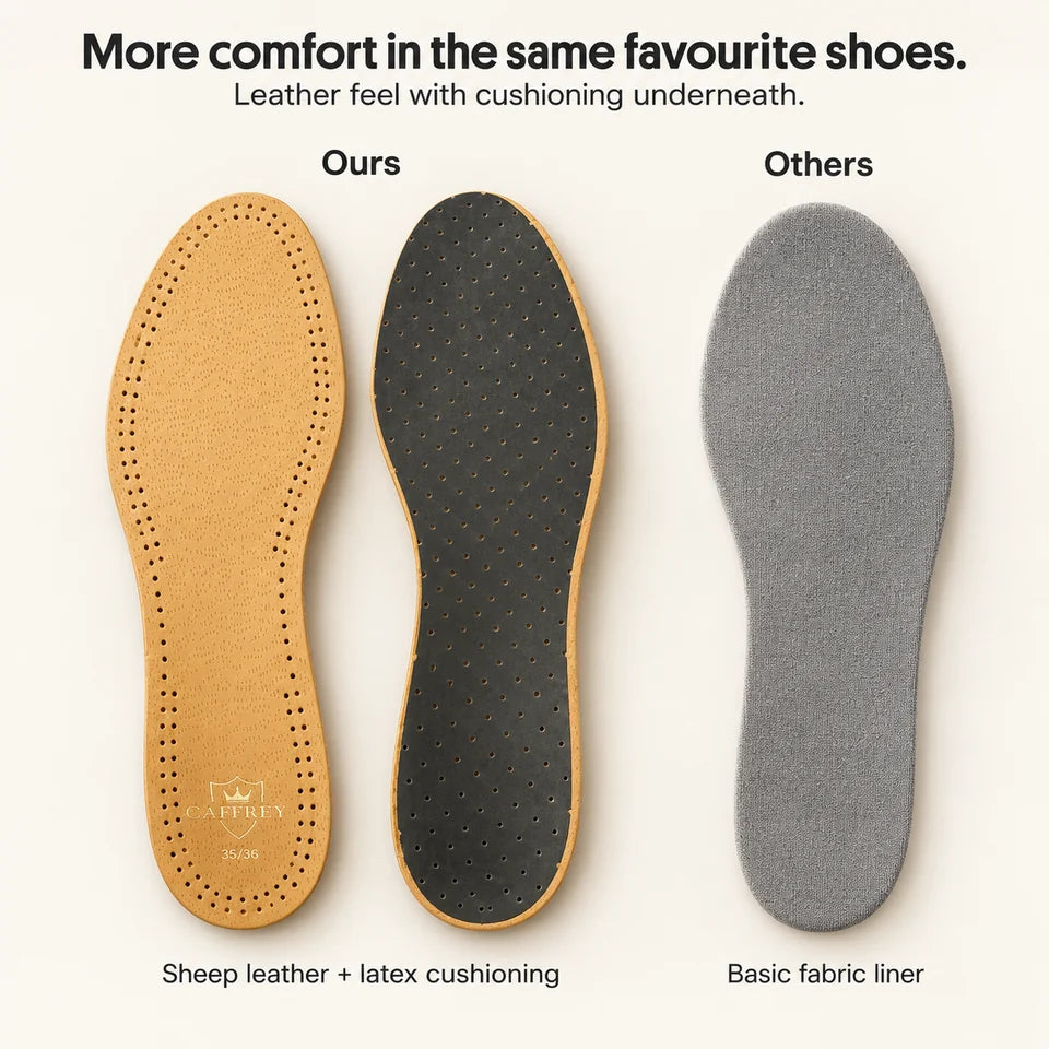 More comfort in the same favourite shoes. Leather feel with cushioning underneath.