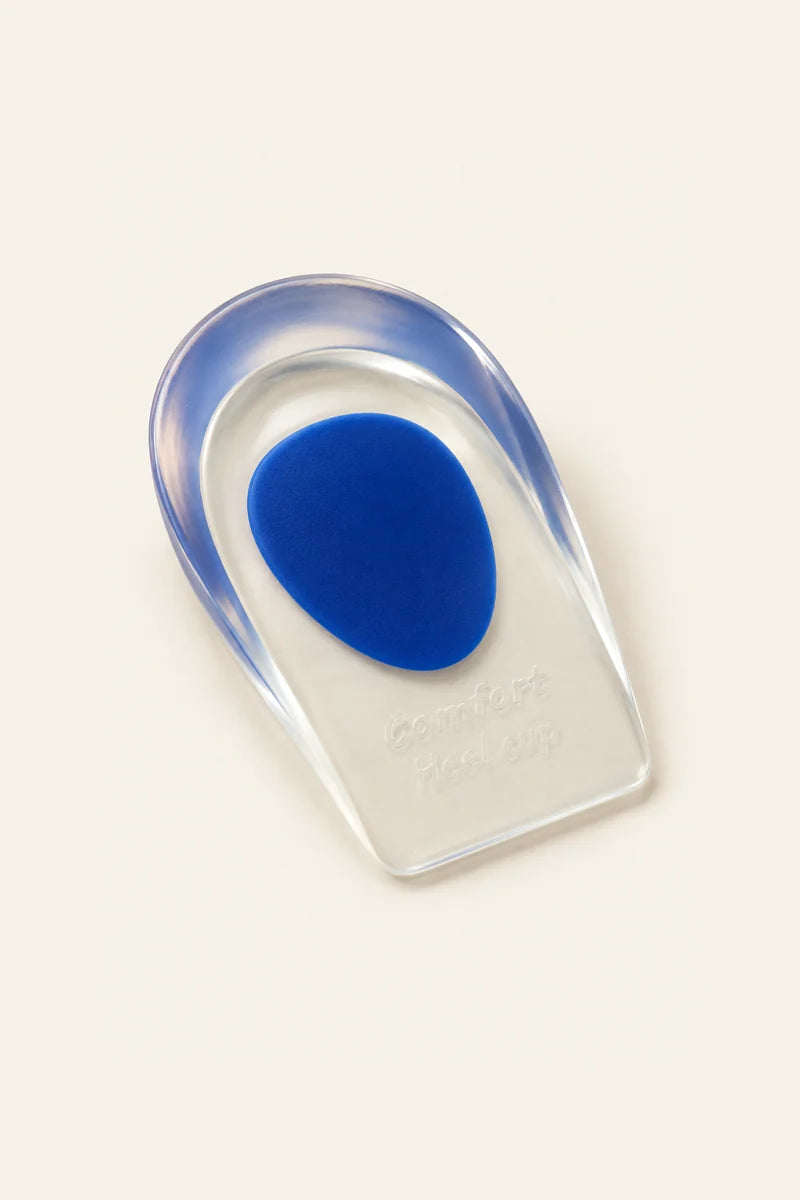 CAFFREY Gel Heel Pad, Men version: clear gel heel cup with a blue oval and a raised rim at the back