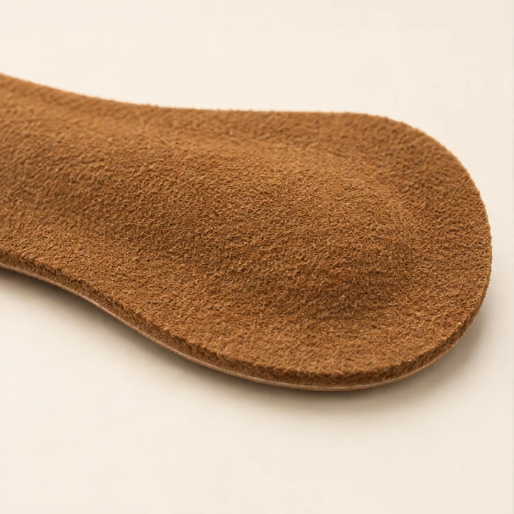 Close-up of the Brown microsuede heel grip, with softly raised cushioning and a thin edge
