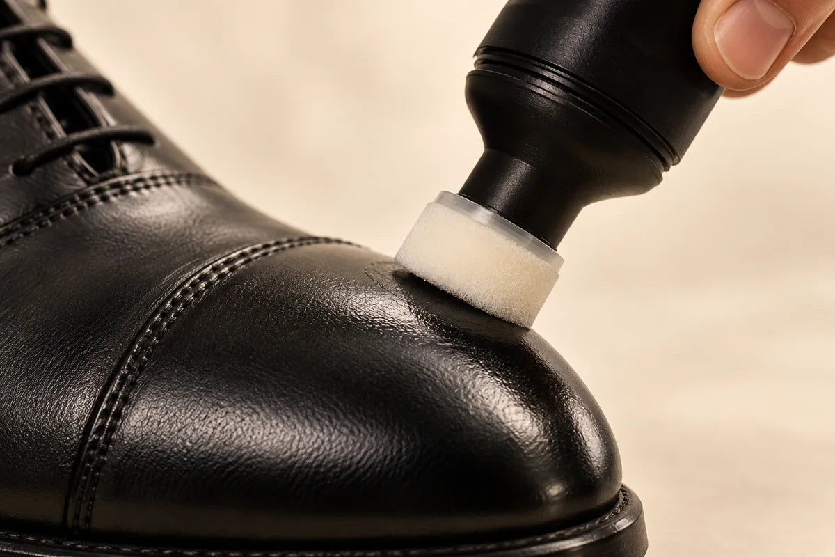 Illustration: the sponge head pressed against a black leather cap-toe shoe