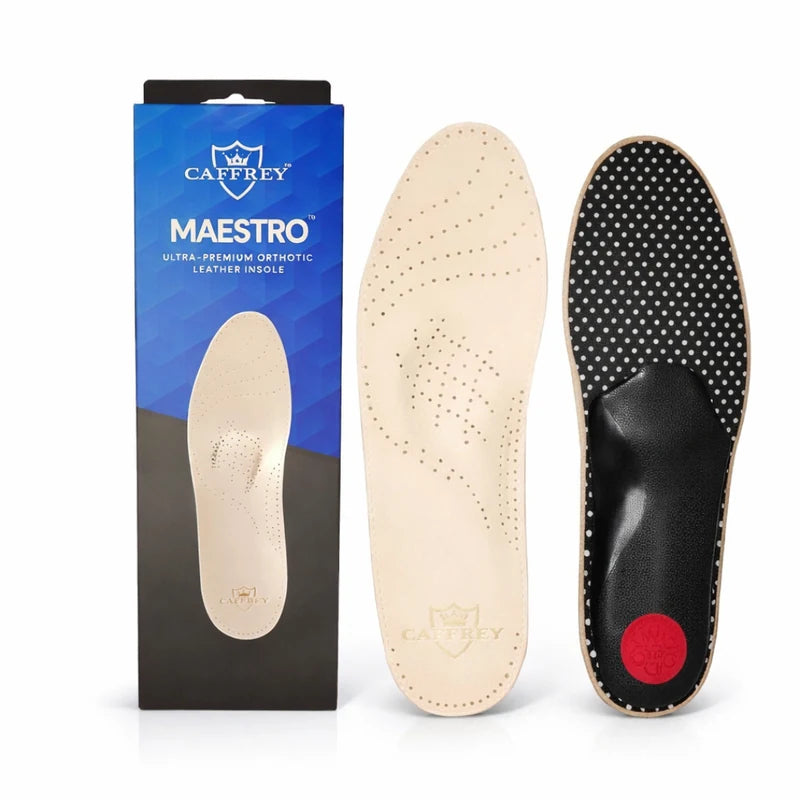CAFFREY Maestro box beside a pair of insoles, with cow leather above and the arch shell and heel cushion underneath