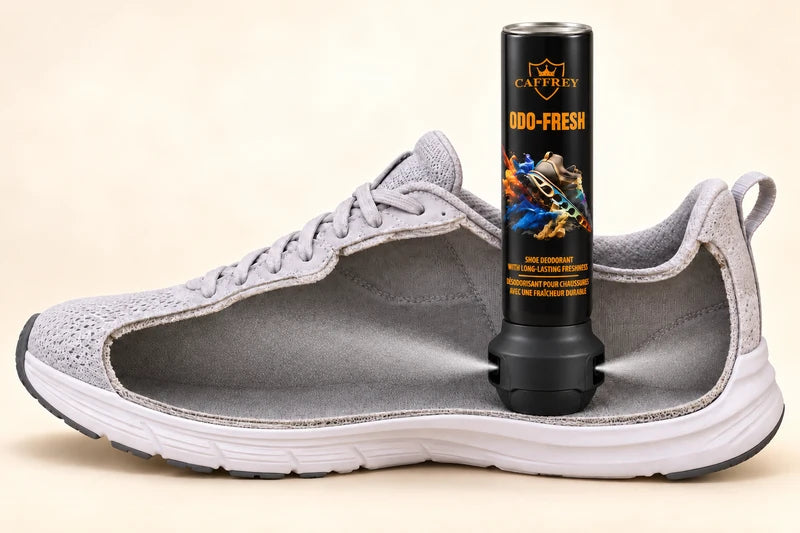 Illustration of the CAFFREY Odo Fresh spray head directing fine mist towards the toe and heel of a cutaway shoe