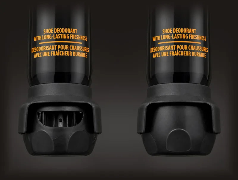 Illustration: the Odo Fresh spray head at the base of the can, open on the left and locked on the right