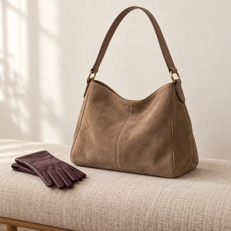 A taupe suede shoulder bag with its strap lifted, on a linen bench in soft light