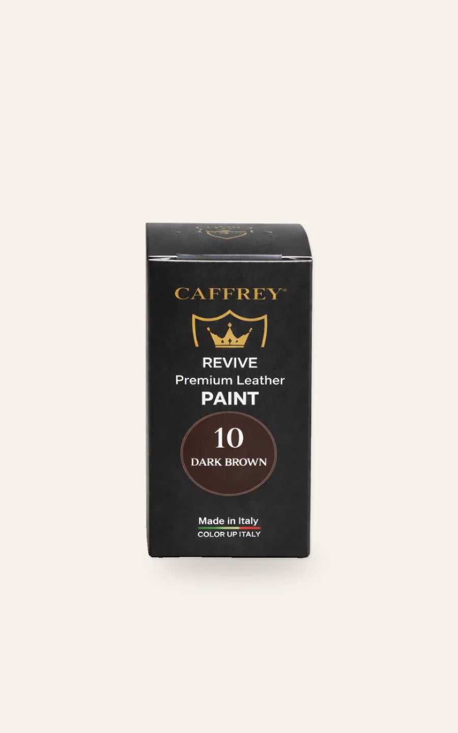 CAFFREY Revive Premium Leather Paint carton in 10 Dark Brown, black with a gold crest, Made in Italy