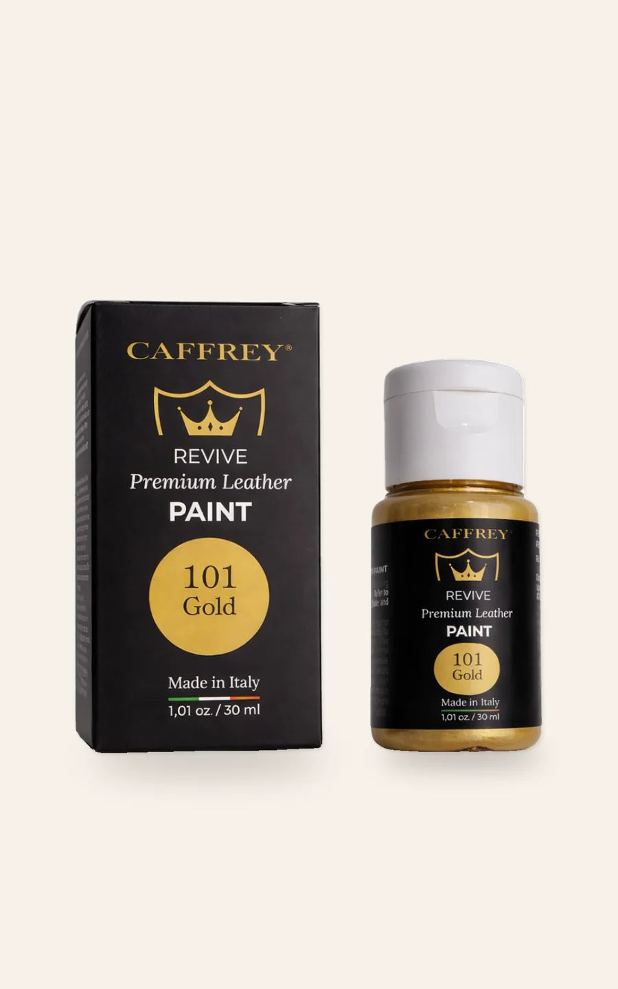 CAFFREY Revive Premium Leather Paint, 101 Gold: bottle with a white flip-top cap beside its black carton