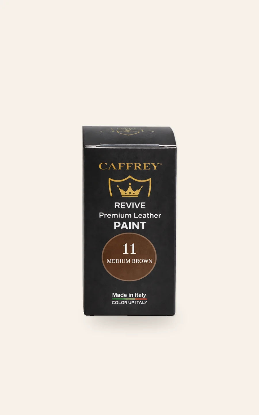CAFFREY Revive Premium Leather Paint carton in 11 Medium Brown, black with a gold crest, Made in Italy