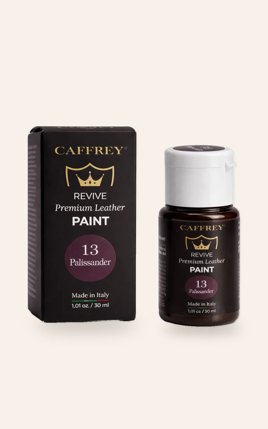 CAFFREY Revive leather paint in Palissander: bottle beside its original box, 30 ml