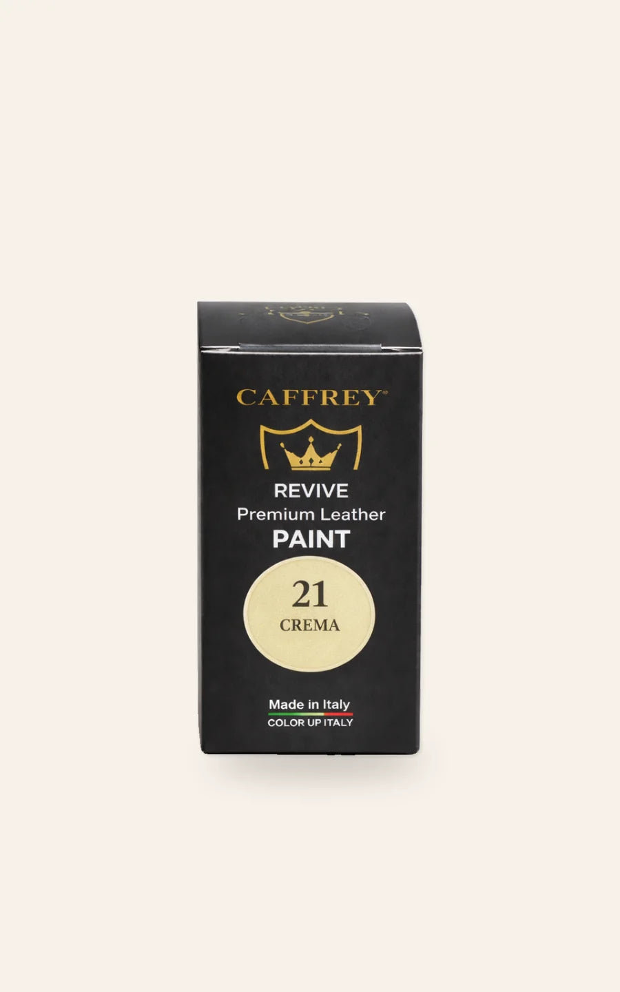 CAFFREY Revive Premium Leather Paint carton in 21 Crema, black with a gold crest, Made in Italy