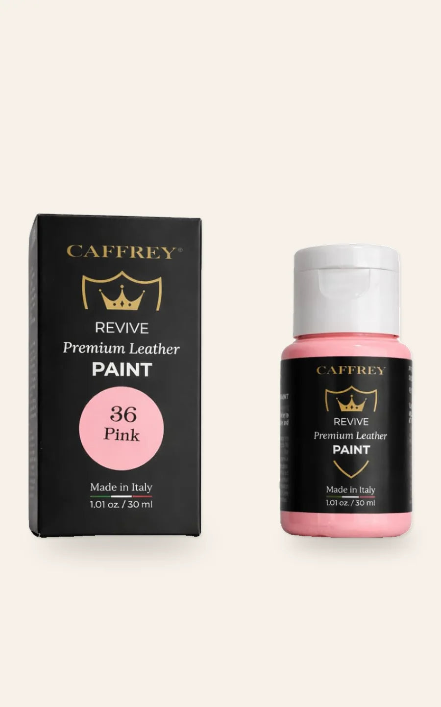 CAFFREY Revive Premium Leather Paint, 36 Pink: bottle with a white flip-top cap beside its black carton