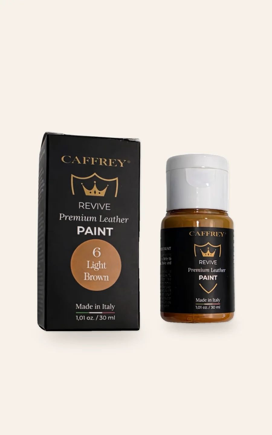 CAFFREY Revive Premium Leather Paint, 6 Light Brown: bottle with a white flip-top cap beside its black carton