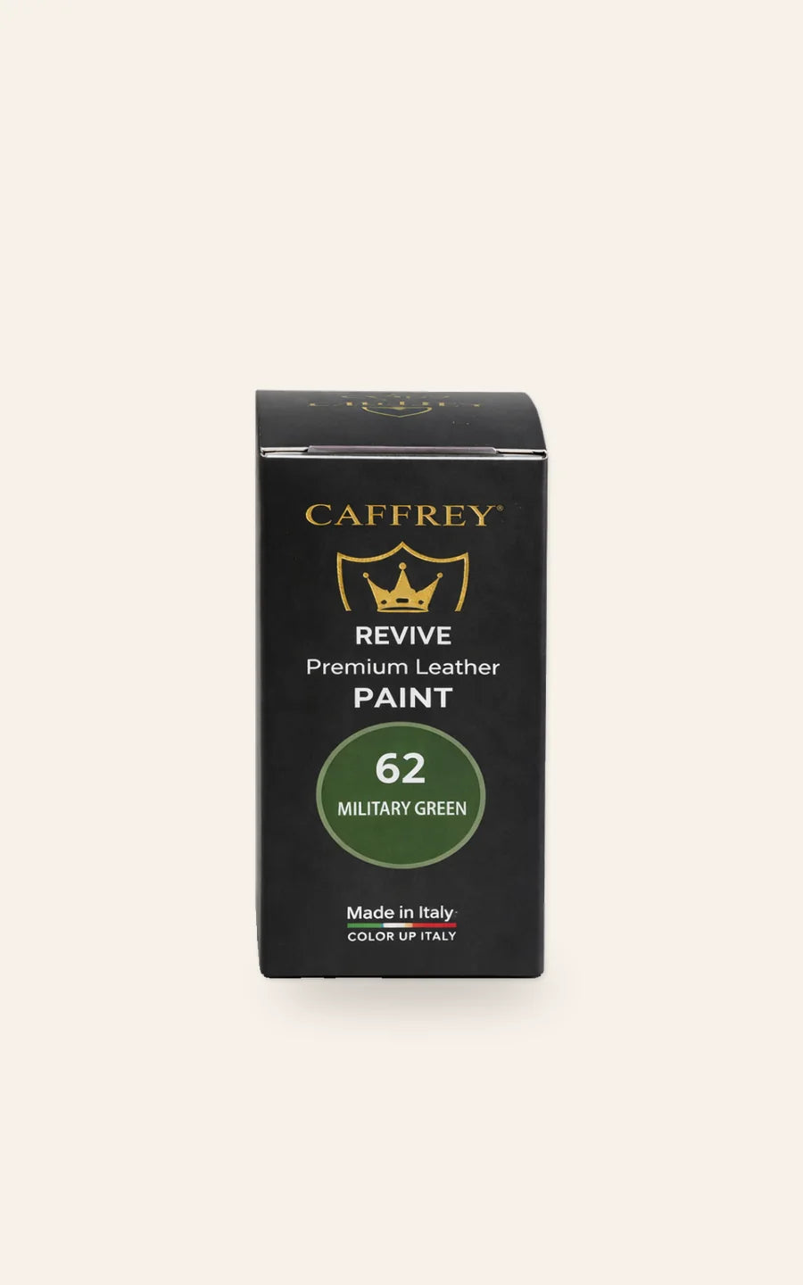 CAFFREY Revive Premium Leather Paint carton in 62 Military Green, black with a gold crest, Made in Italy