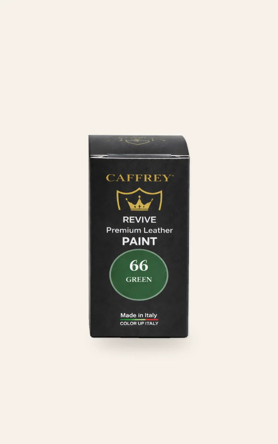 CAFFREY Revive Premium Leather Paint carton in 66 Green, black with a gold crest, Made in Italy