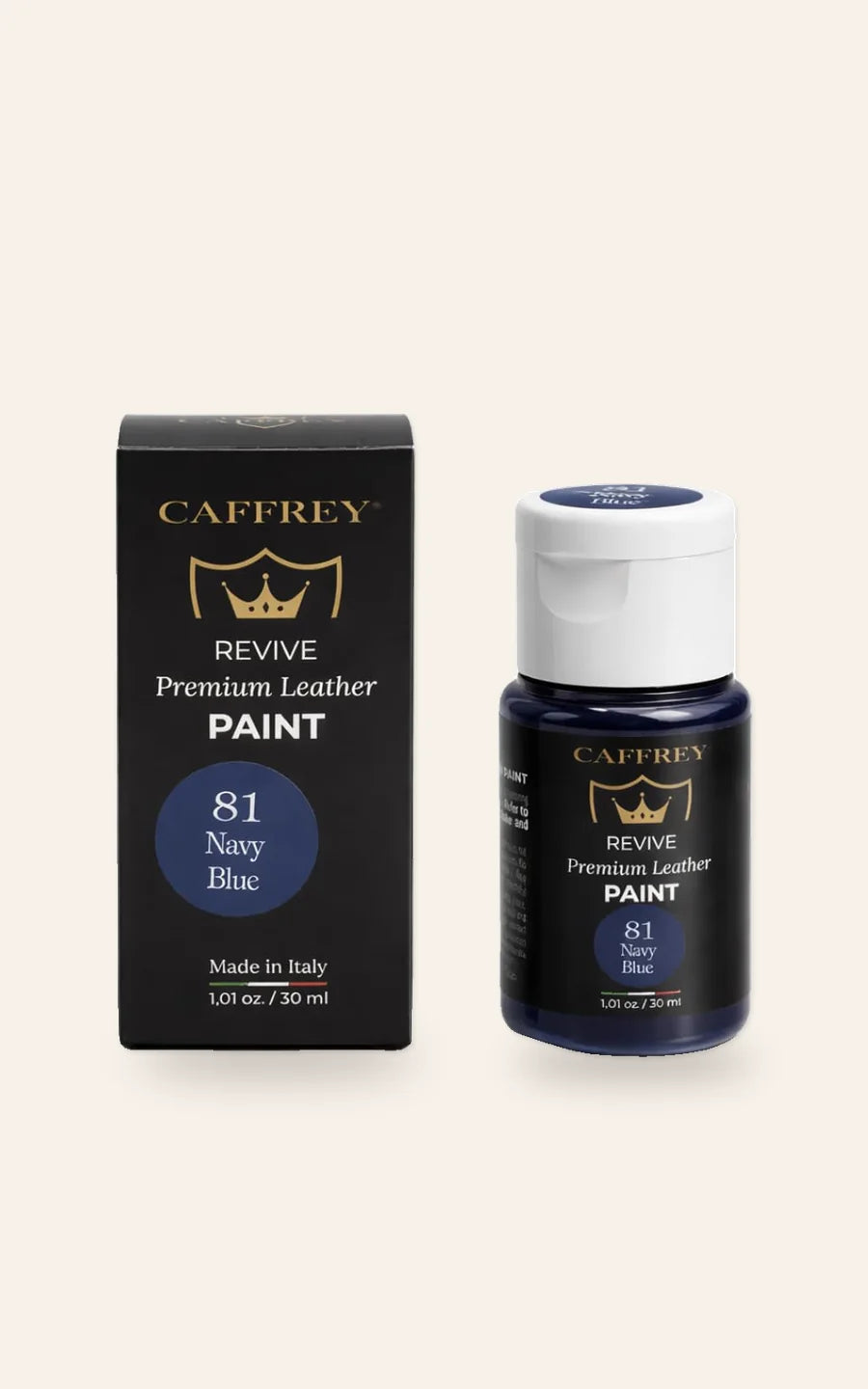 CAFFREY Revive Premium Leather Paint, 81 Navy Blue: bottle with a white flip-top cap beside its black carton