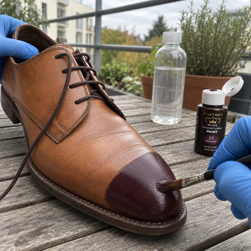 Illustrated: a gloved hand brushing 13 Palissander onto a tan shoe’s toe cap, the open CAFFREY Revive bottle beside it