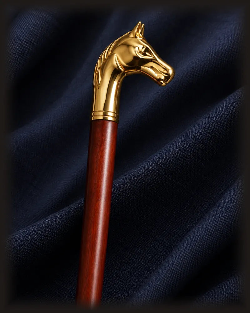 Illustration of the gold-tone horse-head handle and the top of the wood shaft resting on navy cloth
