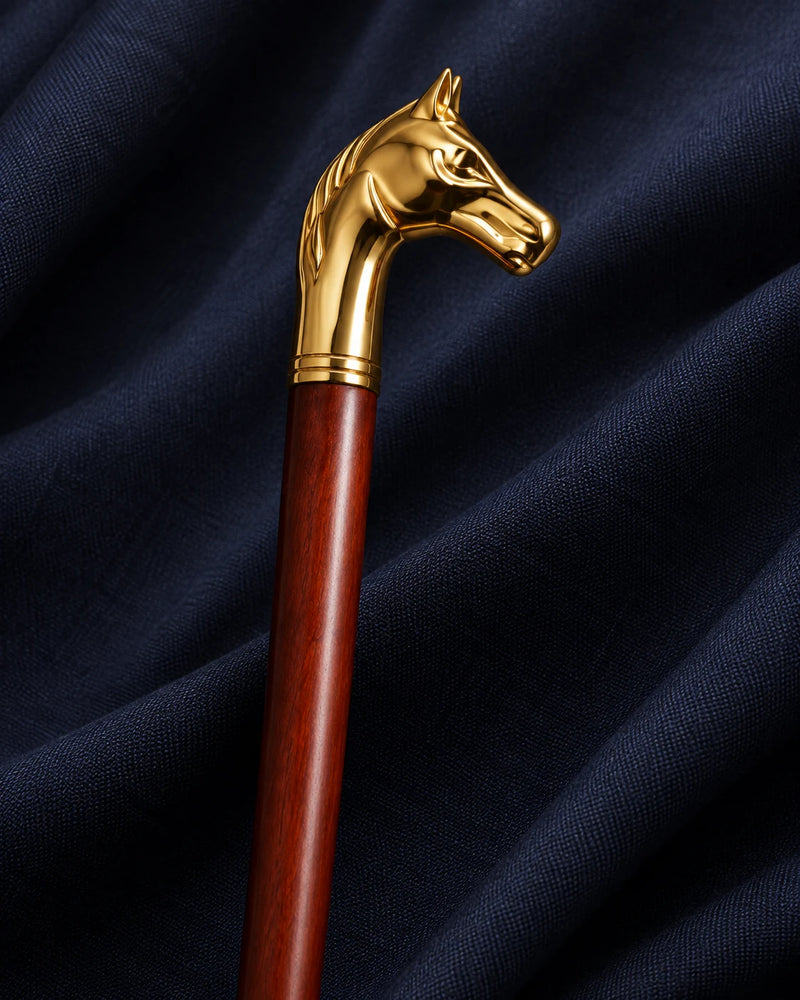 The gold-tone horse-head handle and the top of the wood shaft resting on navy cloth