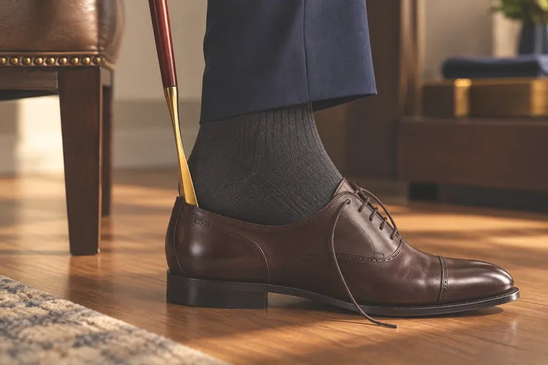 Illustration of a socked foot sliding into a brown leather oxford, the shoe horn blade behind the heel