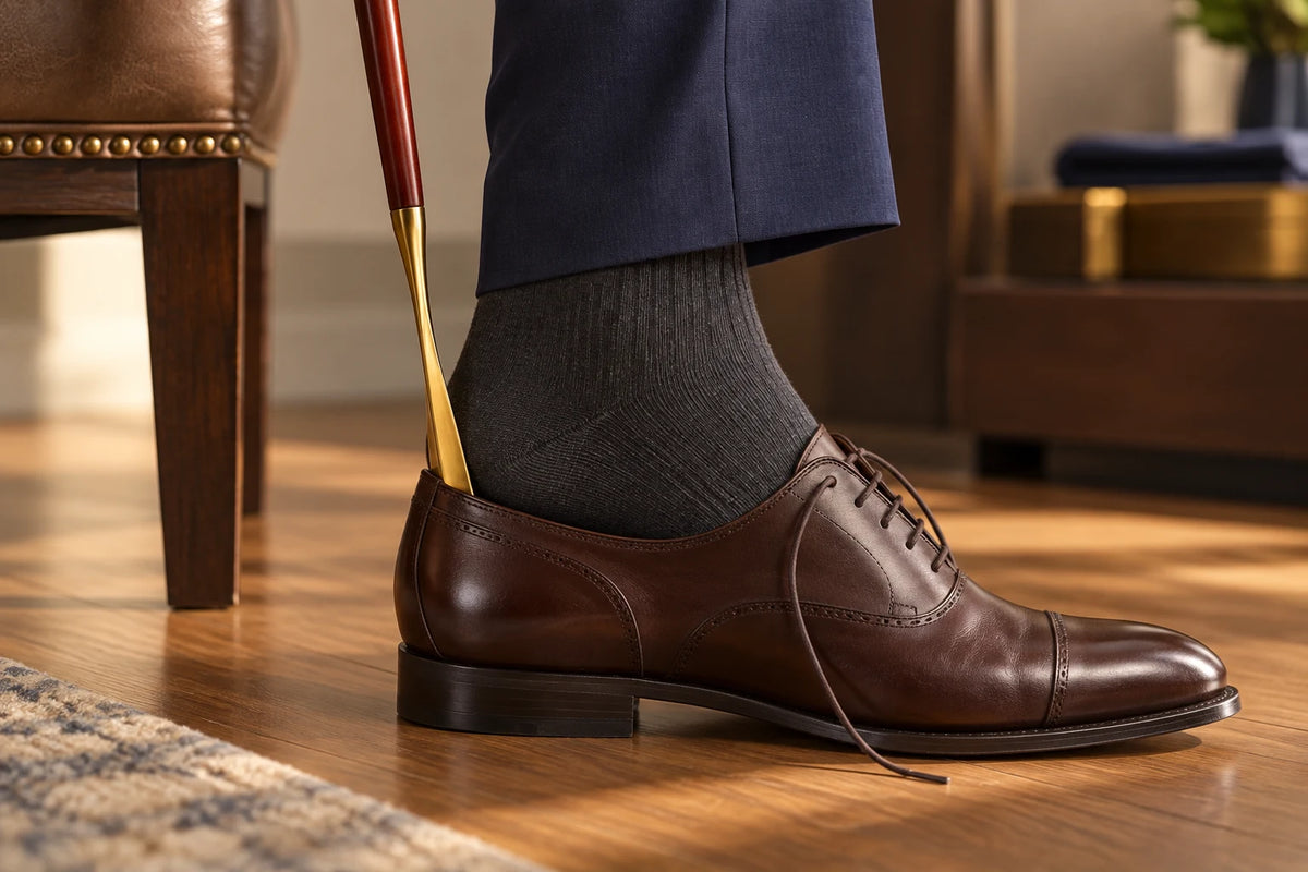 The Royal Touch shoe horn behind a heel as a foot in a dark sock slides into a brown leather oxford