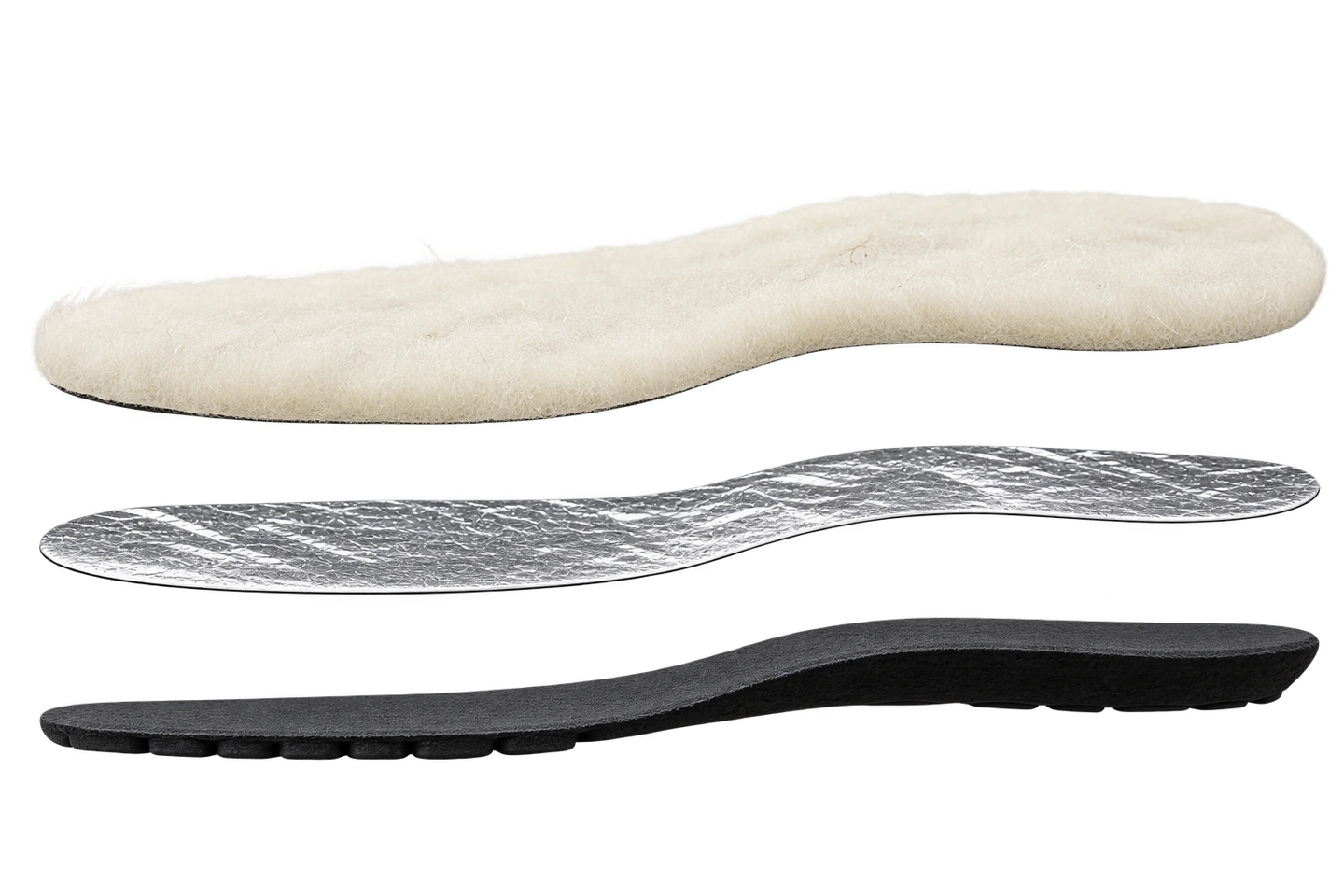 Illustration of Sirocco natural wool, thin aluminium foil and shaped black rubber base separated to show each material