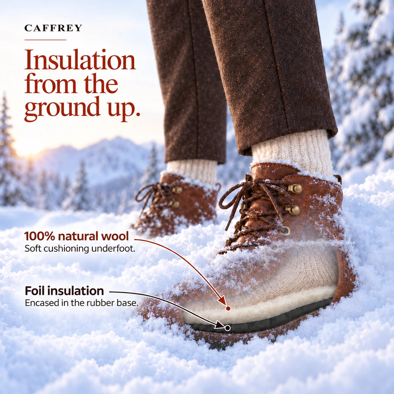 Insulation from the ground up: a boot in deep snow with an illustrative view of Sirocco inside, showing 100% natural wool cushioning and foil insulation encased in the rubber base.