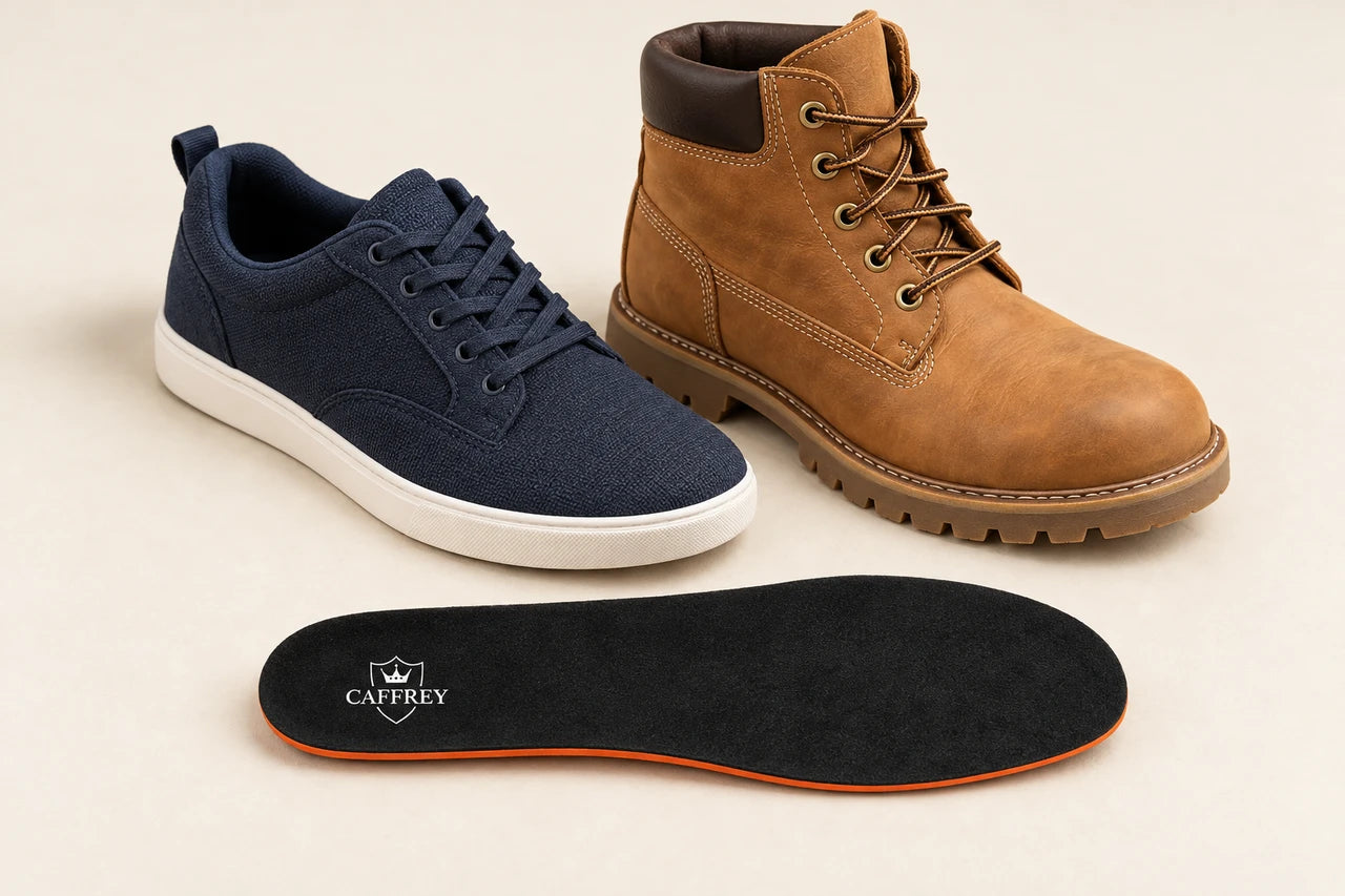 A flat CAFFREY Supernovae insole beside an everyday sneaker and work boot