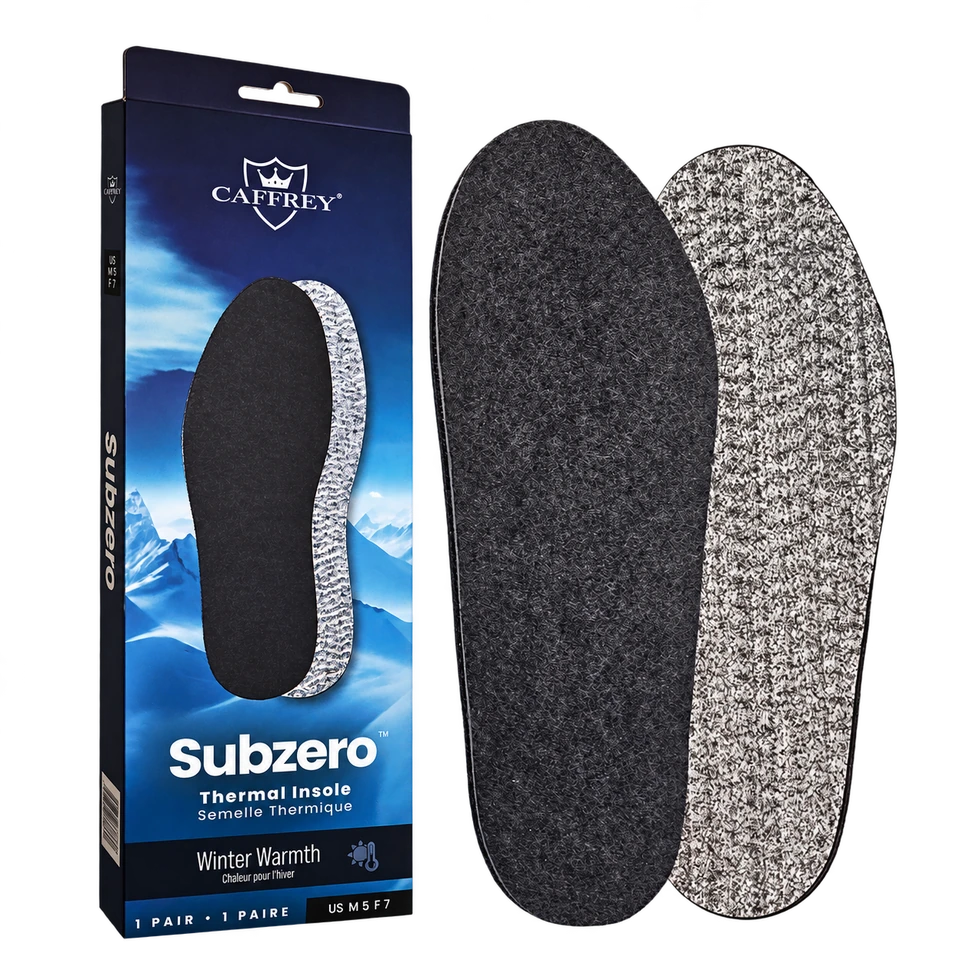 CAFFREY Subzero box with the charcoal felt face and speckled underside of the thermal insoles