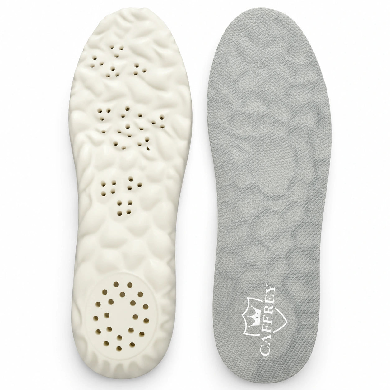 Vital Step white perforated base beside its grey CAFFREY fabric surface