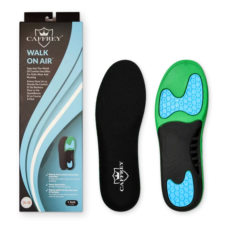 CAFFREY Walk On Air box with one pair of insoles, one showing the black fabric top, one the gel underside