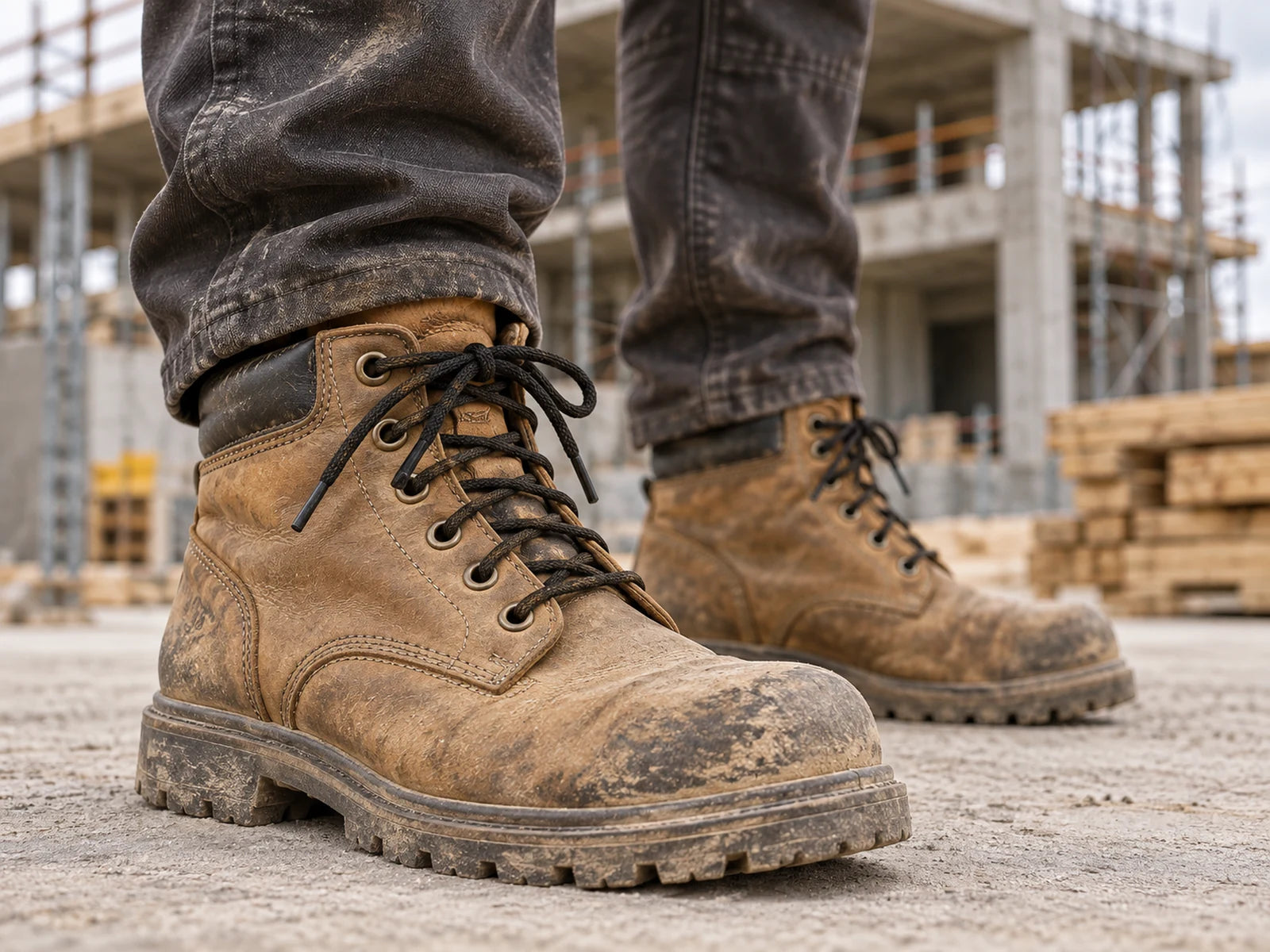 Illustrative scene of tan work boots with black braided laces at a construction site.
