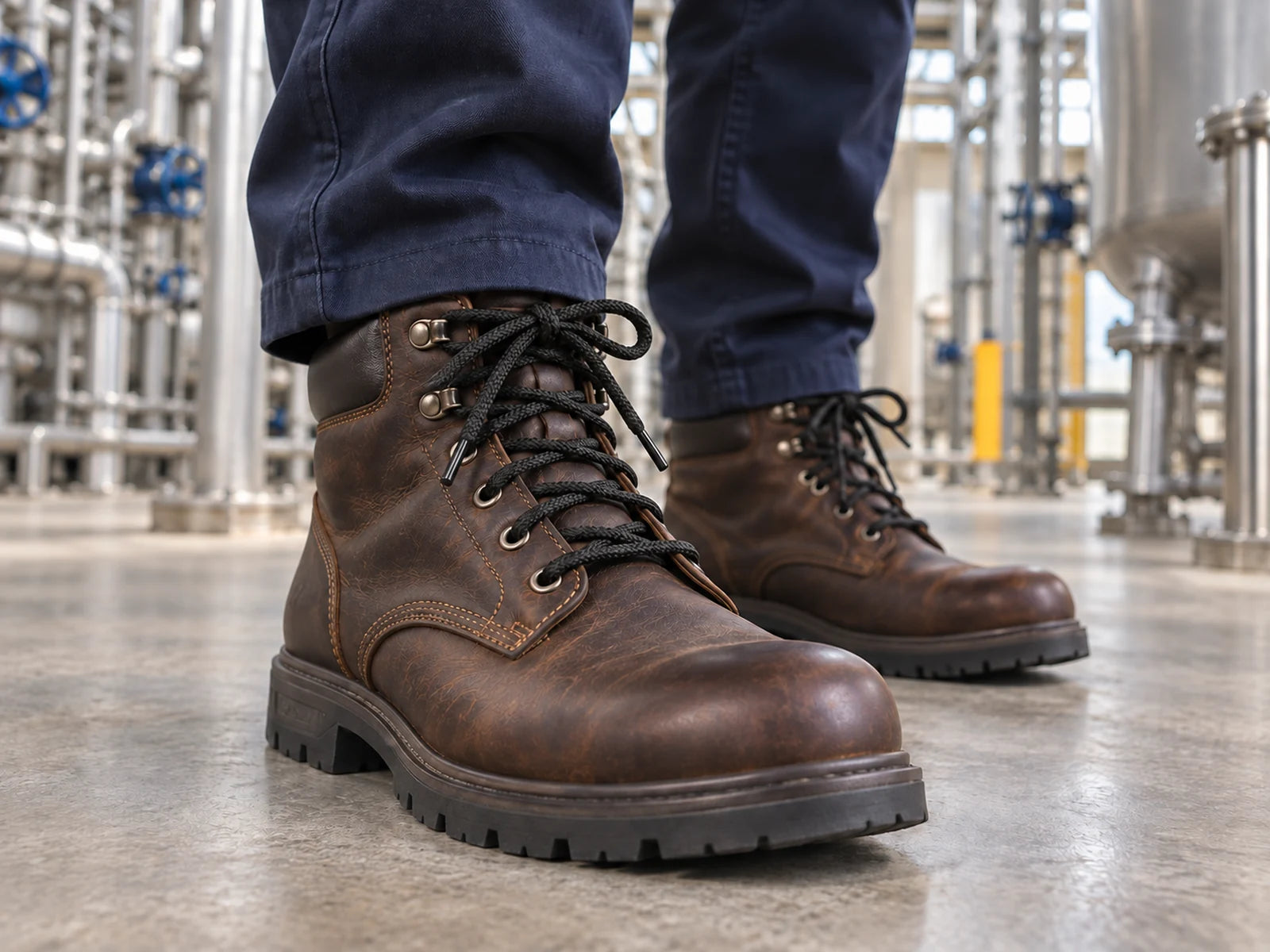 Illustrative scene of work boots with black braided laces in an industrial process facility.